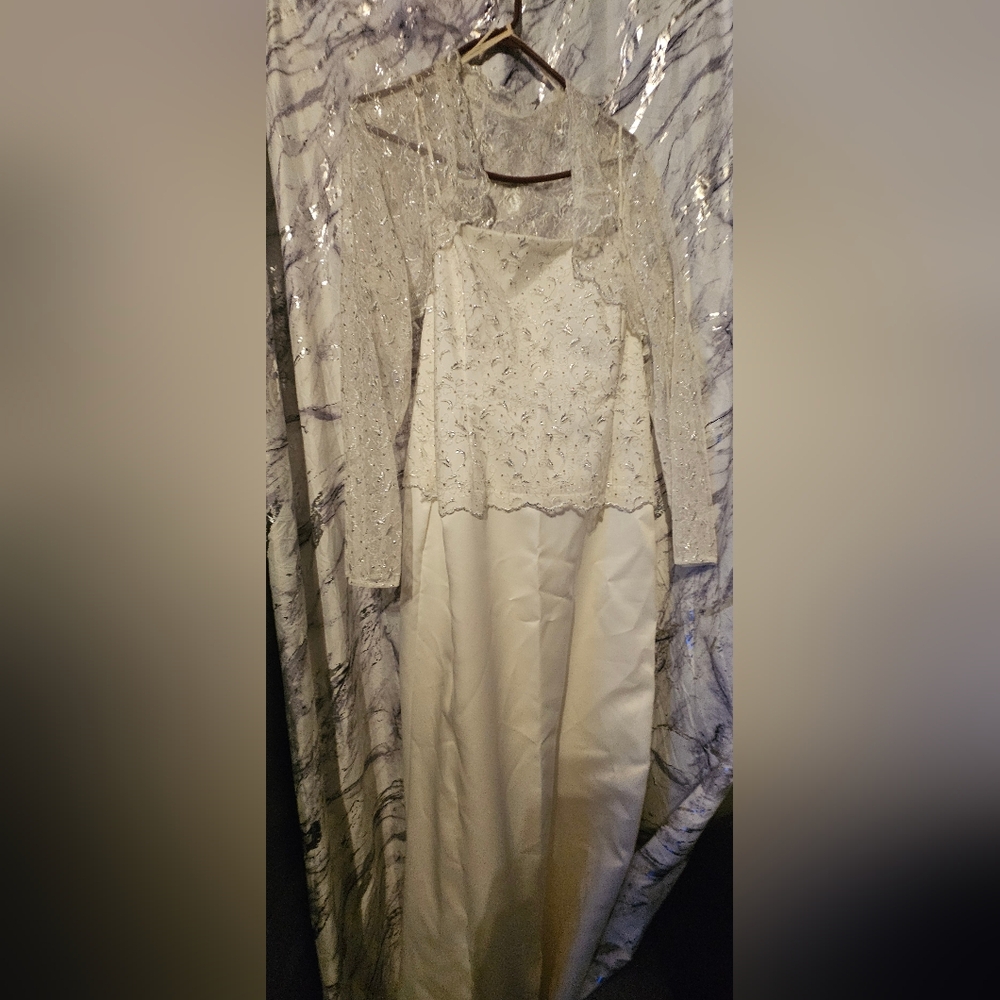 Formal Ivory Satin & Beaded Lace Dress Set